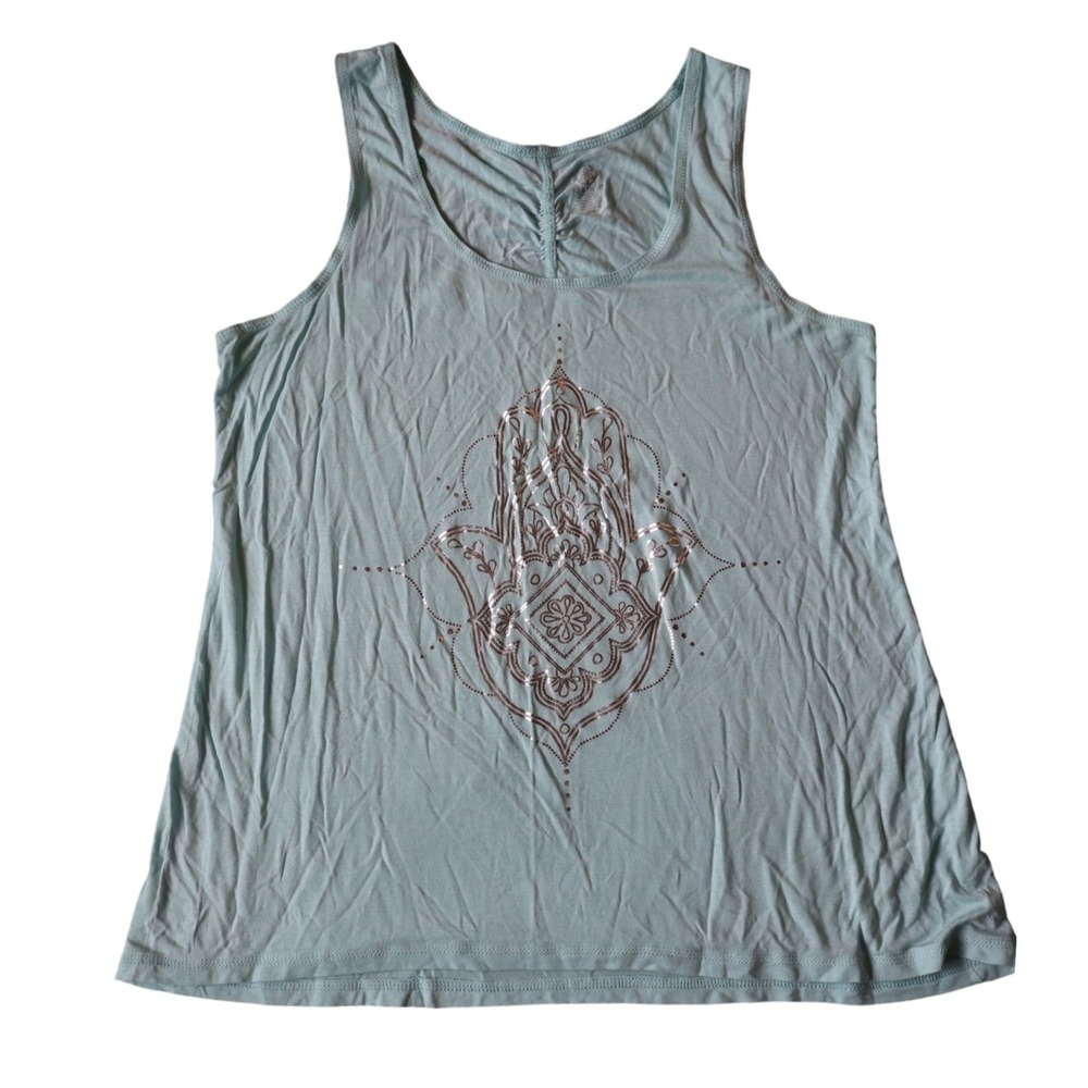 Gaiam Womens Mint Green Hamsa Hand Graphic Yoga Tank Top Size Medium Silver Foil